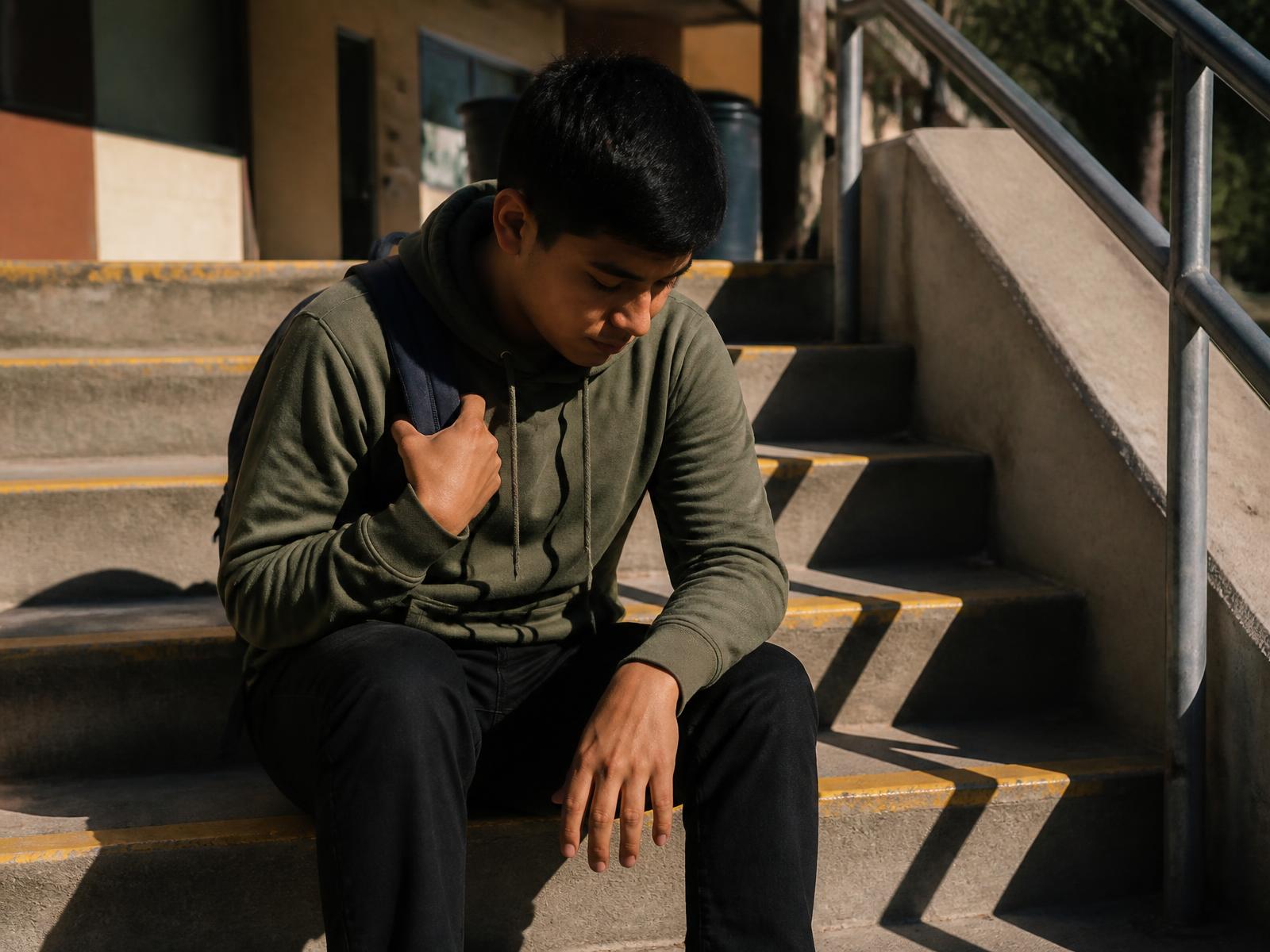 A high school student sitting alone on outdoor stairs between classes