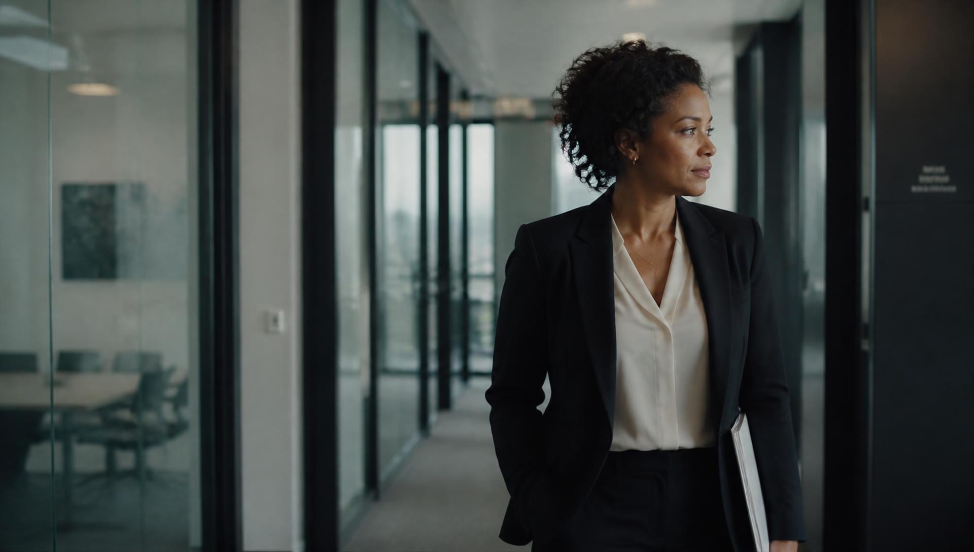 A woman in professional attire standing alone in an office corridor between meetings