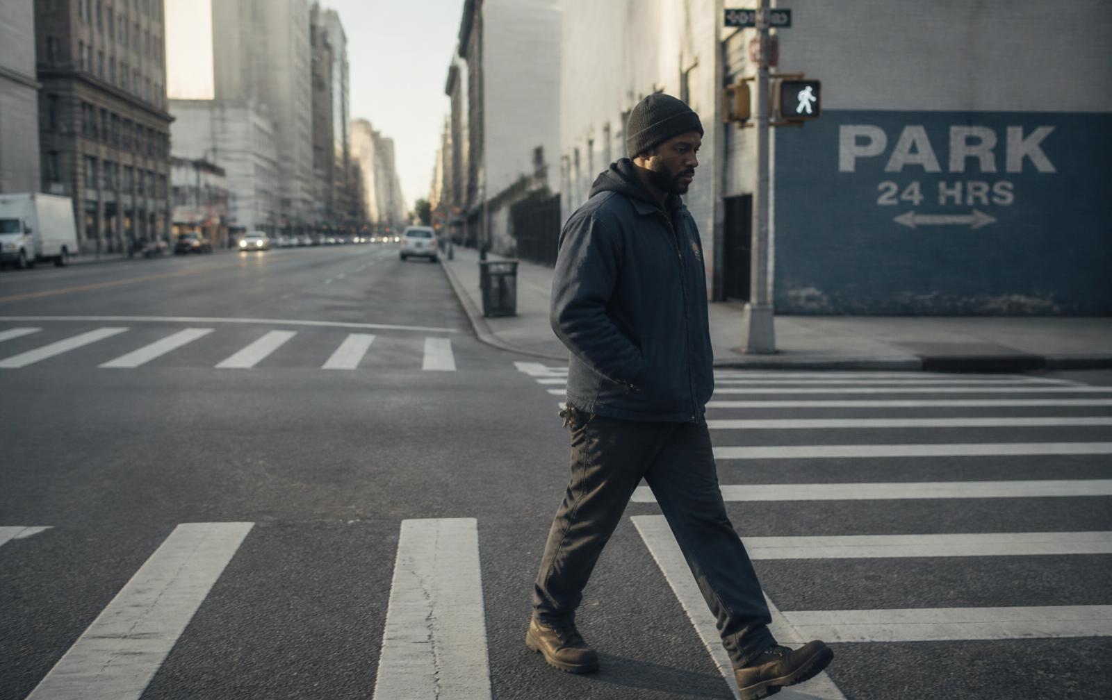 A man in work clothes walking alone across a city crosswalk in early morning light