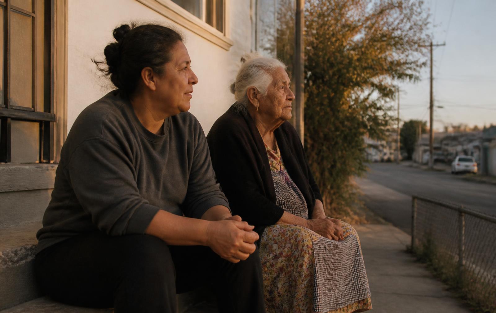 A woman sitting on a porch step beside her elderly mother in late afternoon light