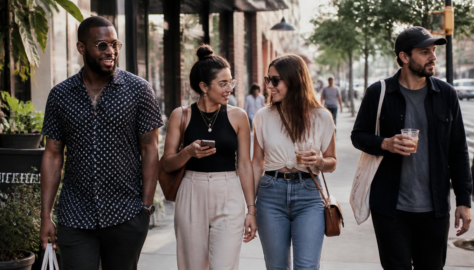 Four diverse adults walking together along a city sidewalk, talking, one glancing at her phone
