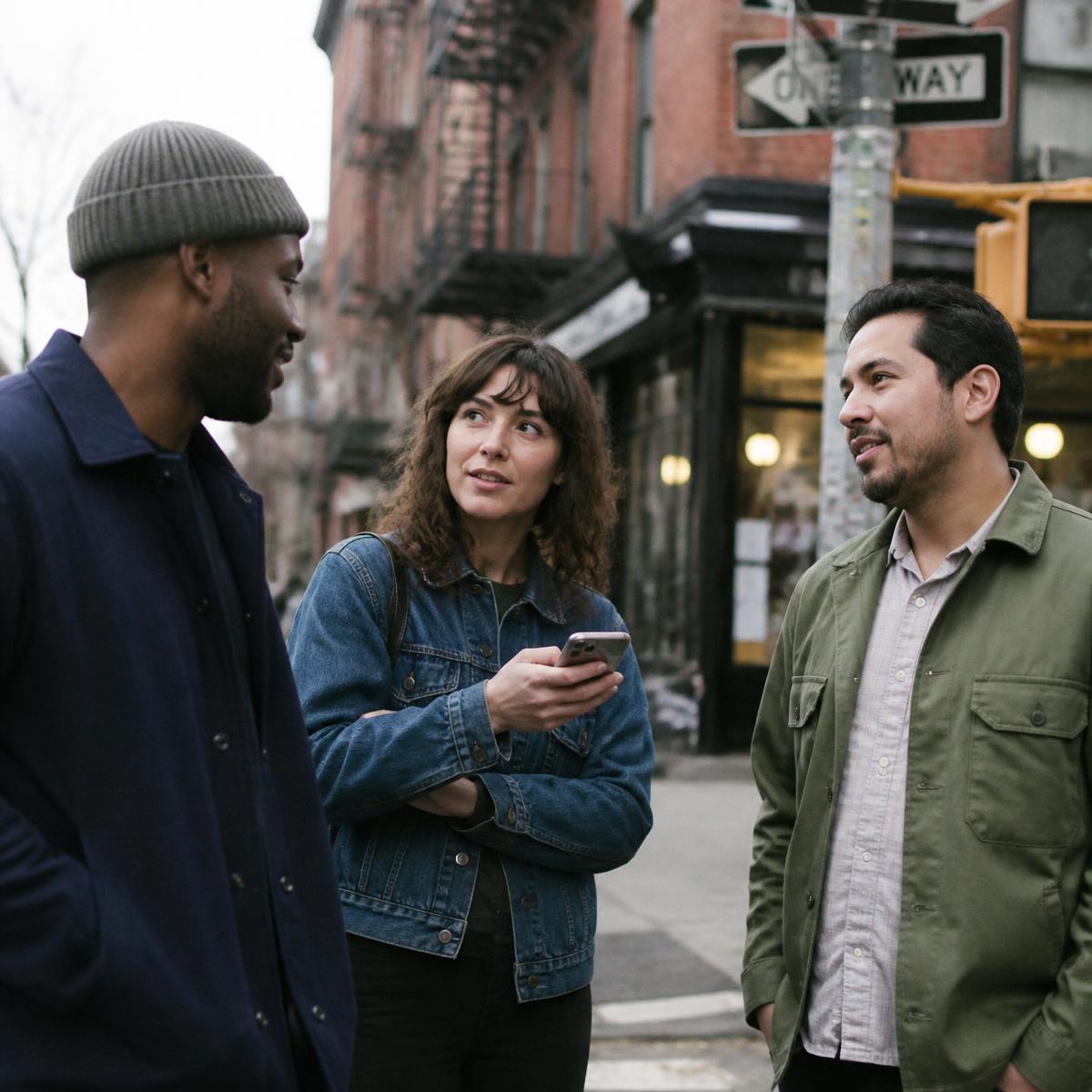 Three adults talking on a neighborhood street corner, one holding a phone mid-text