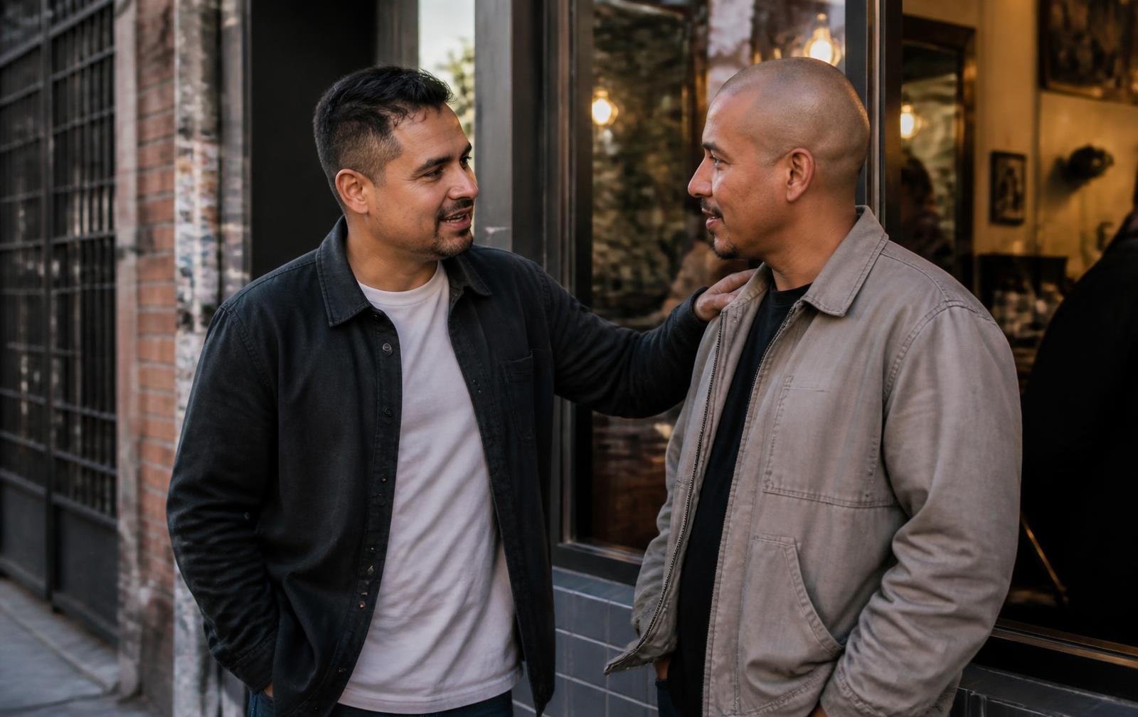 Two men checking in with each other on a neighborhood street