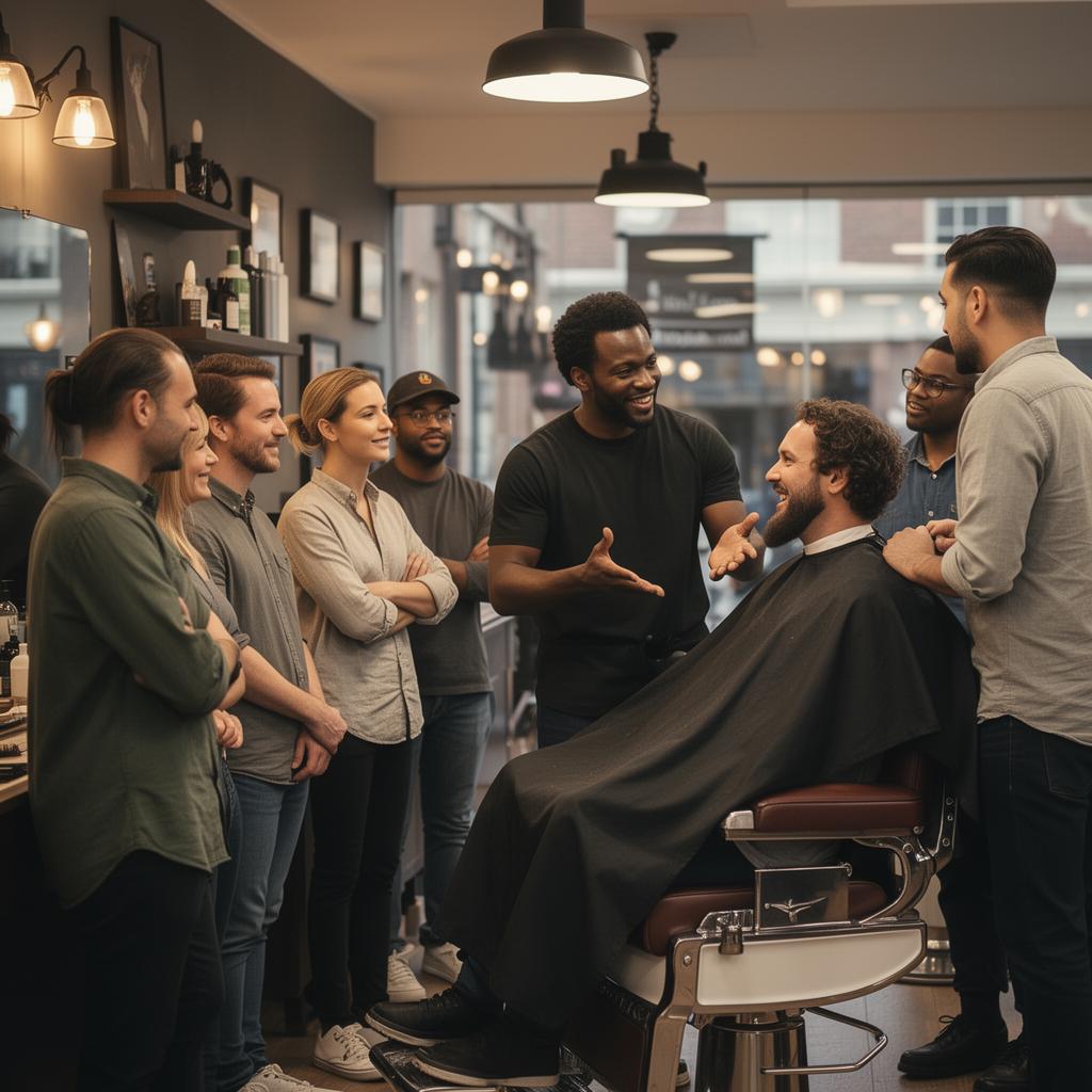 Men talking together inside a neighborhood barbershop during an ordinary afternoon