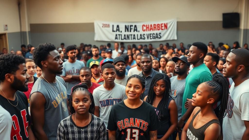 Community gathering of student-athletes, barbers, and church members across LA, Atlanta, and Las Vegas