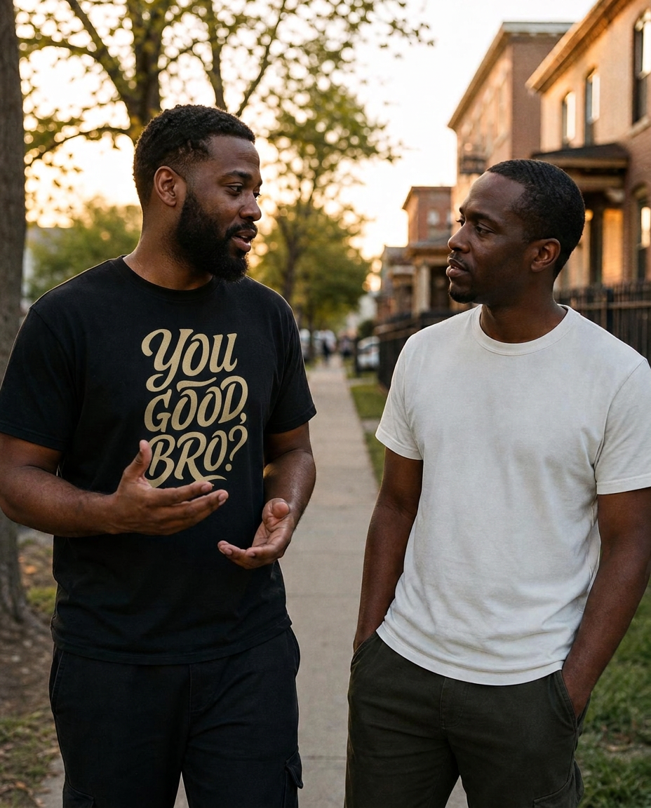 Two men talking on a neighborhood sidewalk