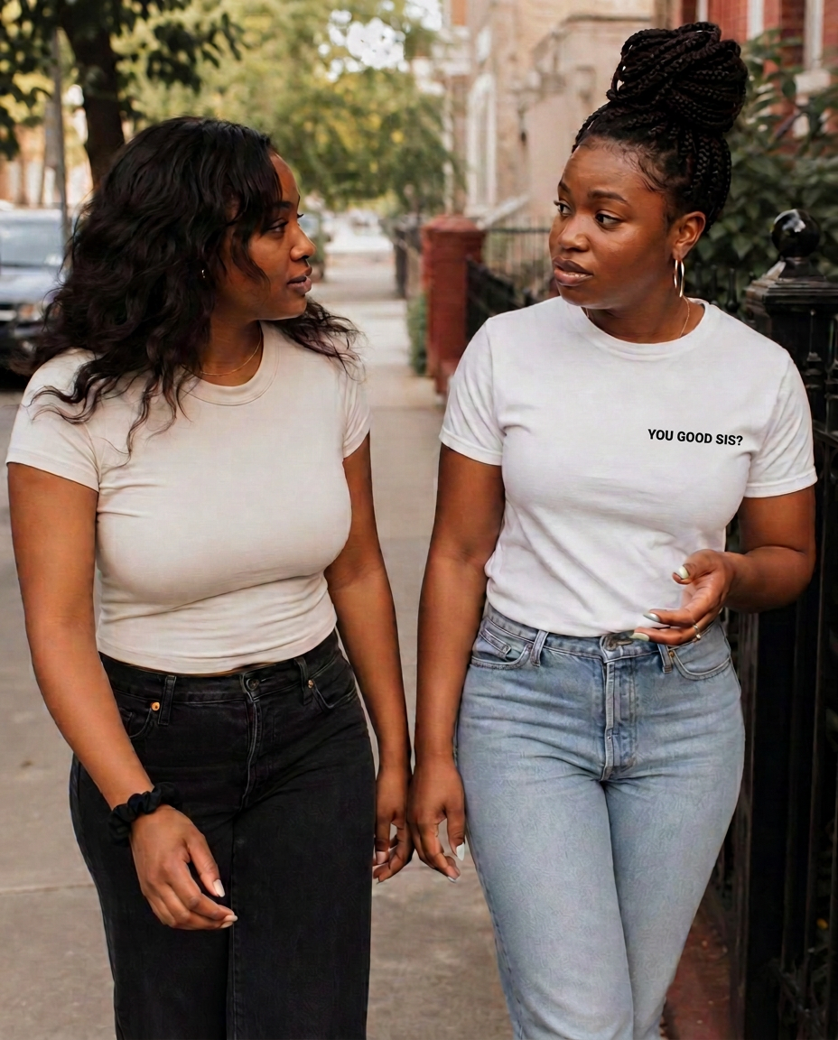 Two women checking in with each other outdoors