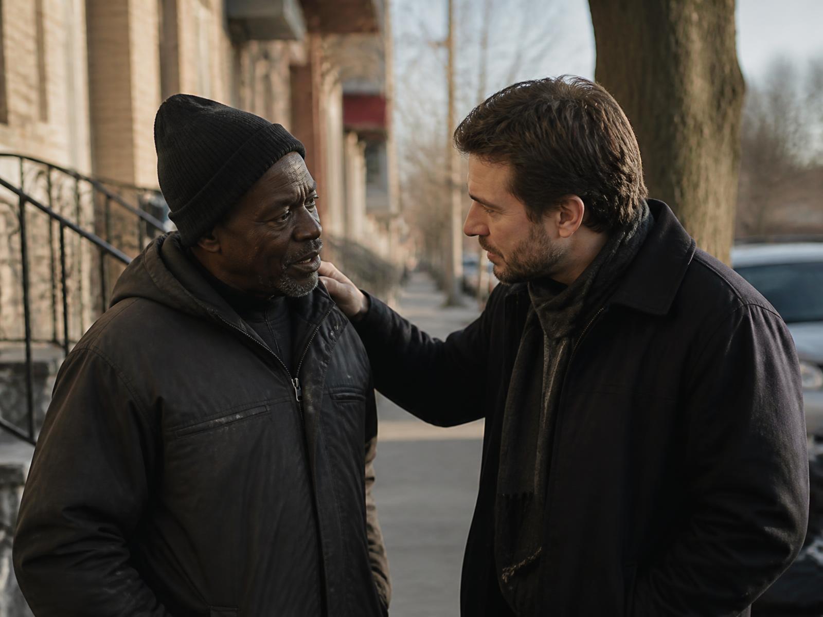 Two neighbors in close conversation on a city sidewalk, one listening carefully
