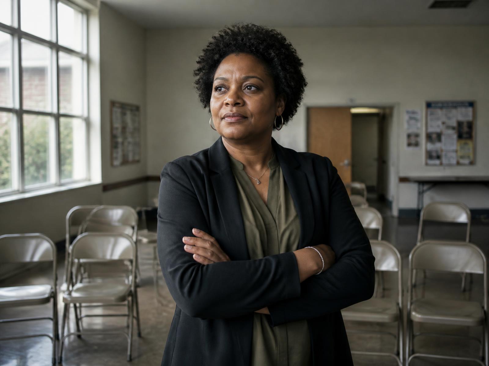 A community organization director standing in a community center meeting room