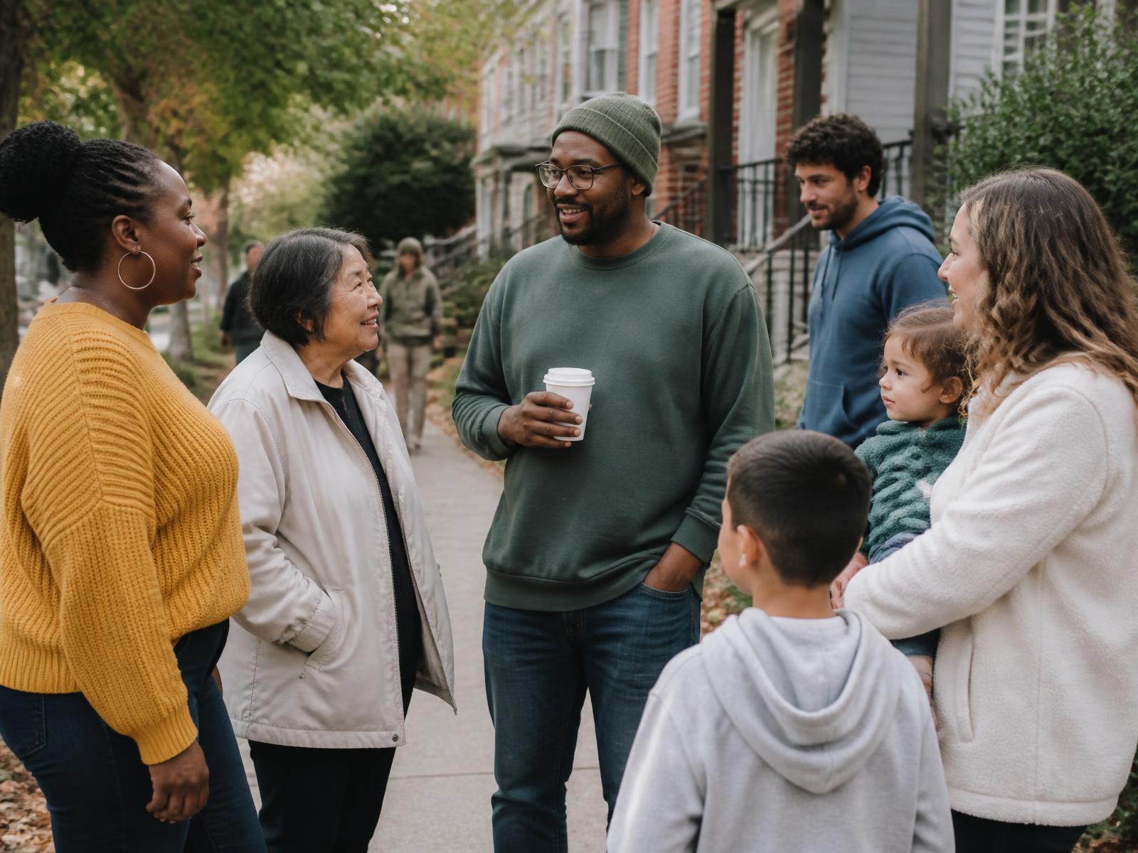 Neighbors of different ages and backgrounds talking together on a residential sidewalk