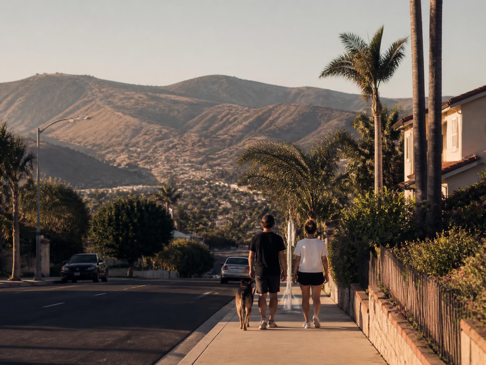 A Southern California valley neighborhood at golden hour with two residents walking a dog along the sidewalk