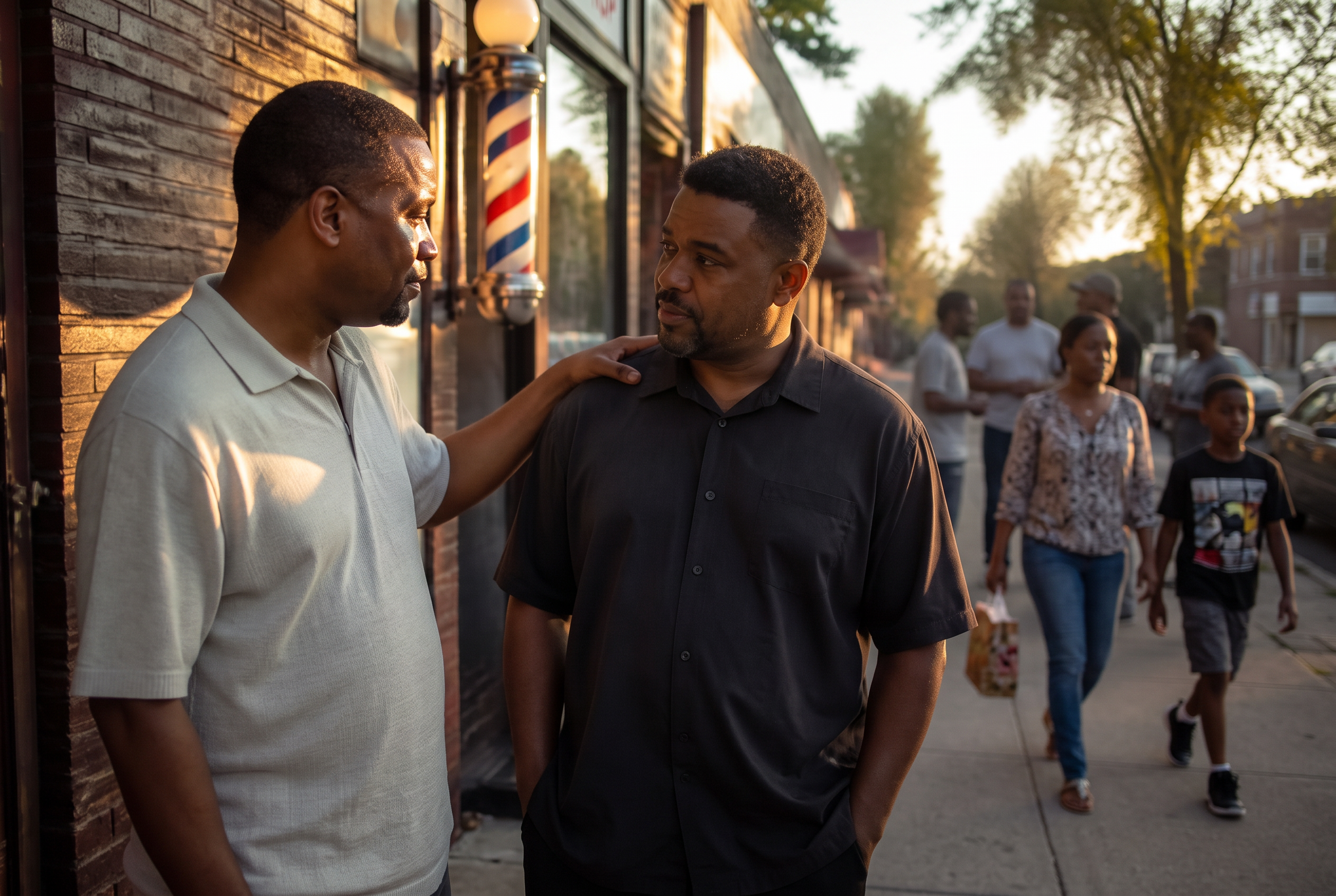Two Black men talking on the sidewalk outside a neighborhood barbershop as a mother and her young son walk past