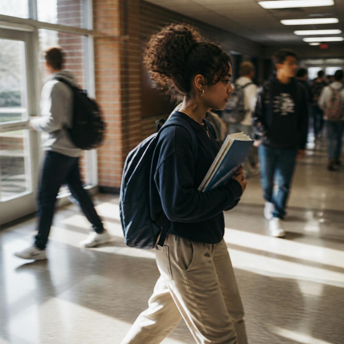 Students moving through a school hallway between classes