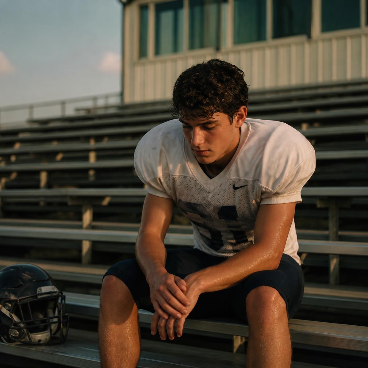 An athlete sitting alone on the bleachers after practice