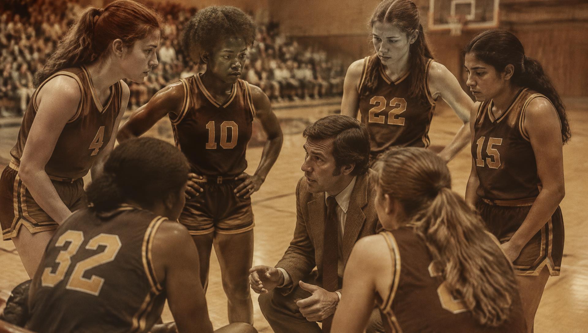 Tribute illustration in the style of a vintage photograph: a coach kneeling in a timeout huddle with a girls basketball team