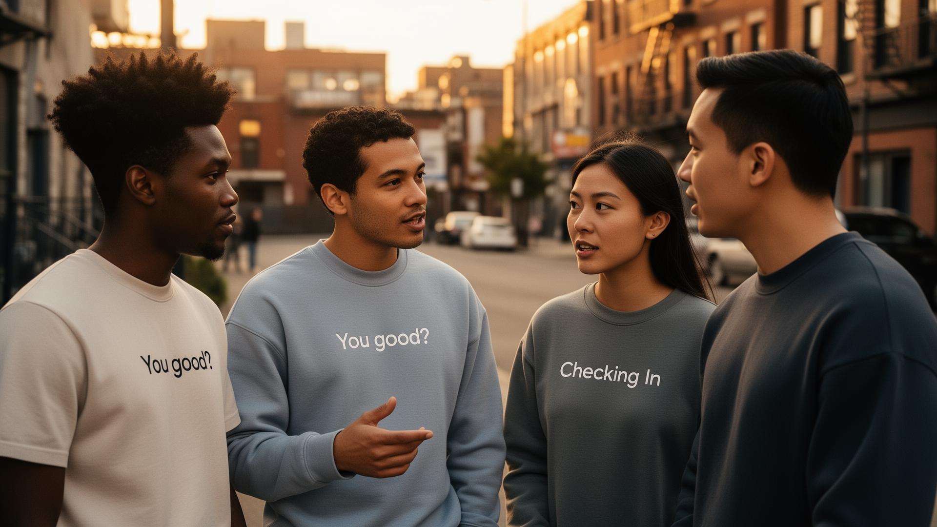 Diverse group in CAREGD merch having a real conversation