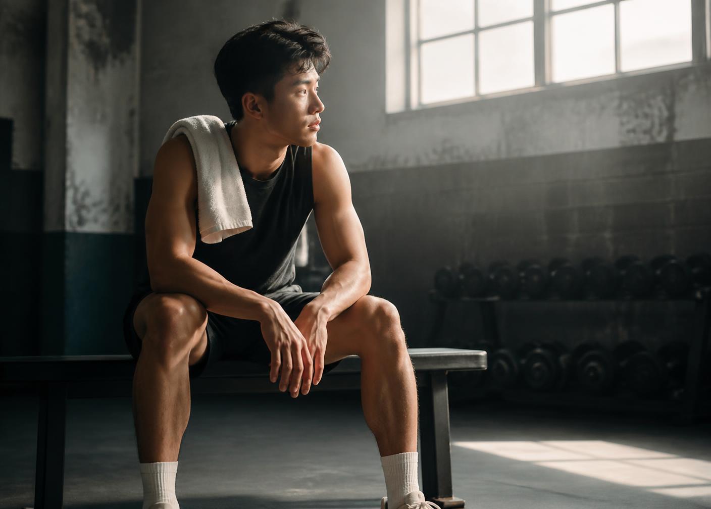 An athlete sitting alone on a bench in an empty gym after practice