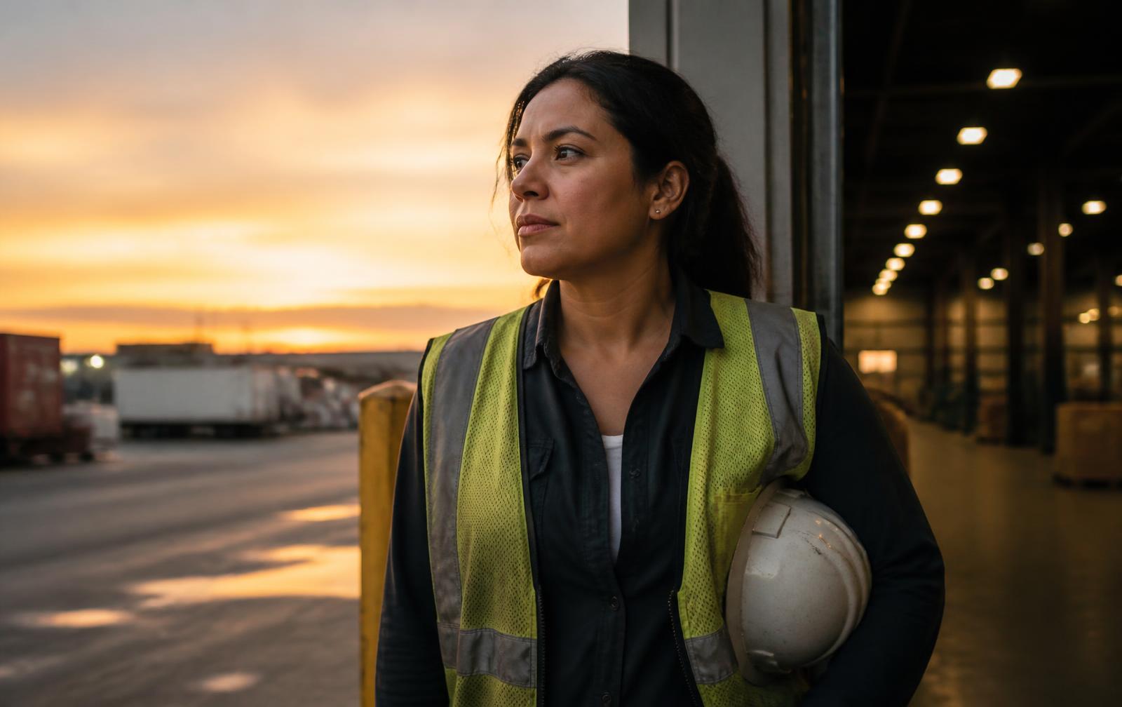A warehouse worker standing quietly outside a loading bay at dusk after her shift
