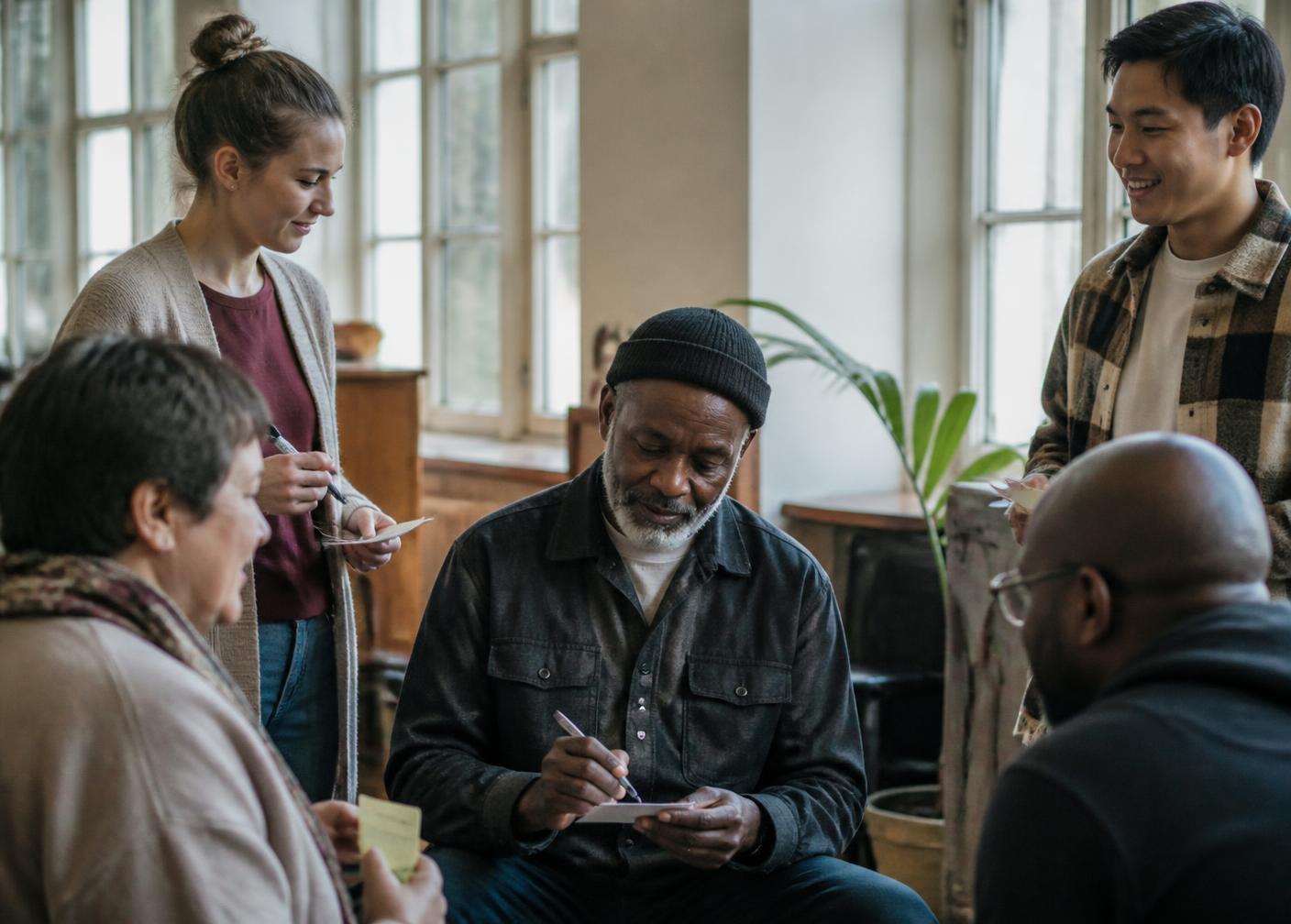 Adults of different ages and backgrounds pausing to write brief check-in notes in a community room