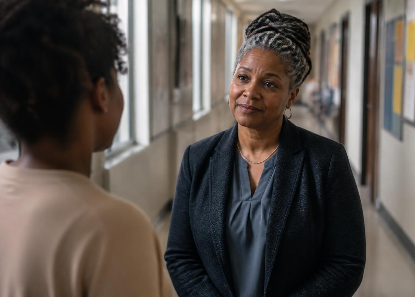 A school principal listening closely to a teacher in a quiet hallway between classes