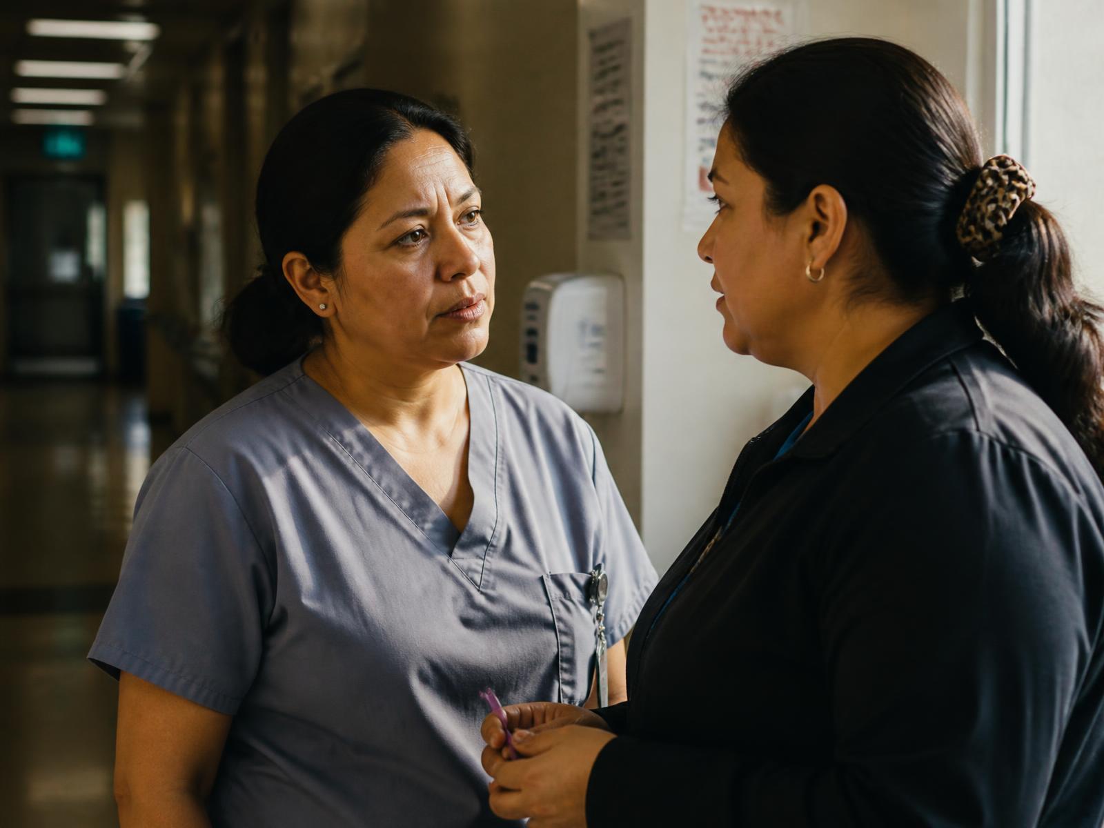 Two colleagues talking quietly in a hallway during the workday