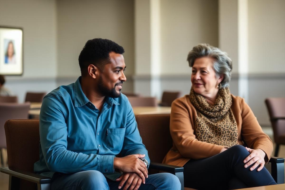 Two colleagues talking in a quiet office corridor