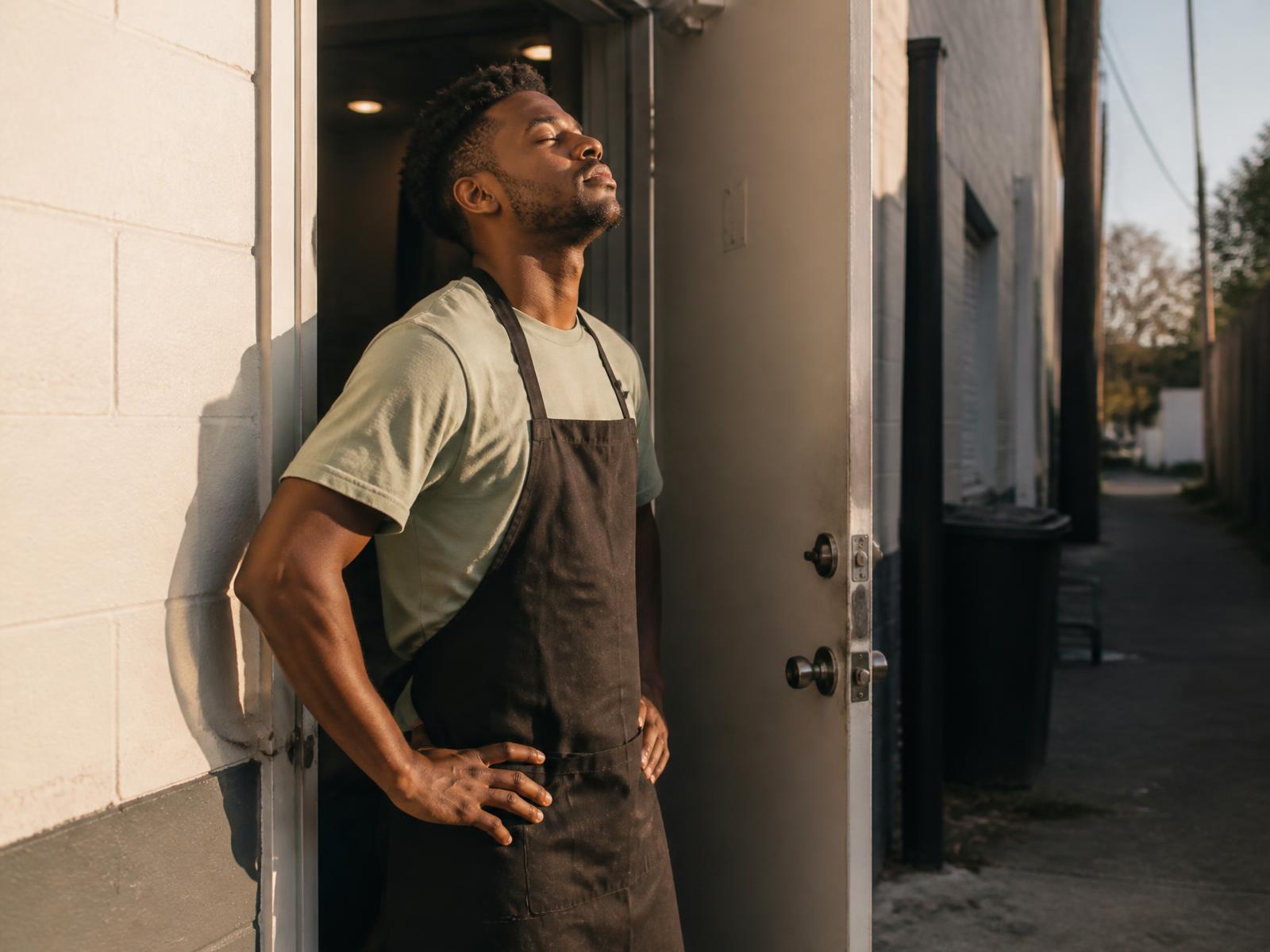 A young barista stepping outside a back door for a moment of air in late afternoon light