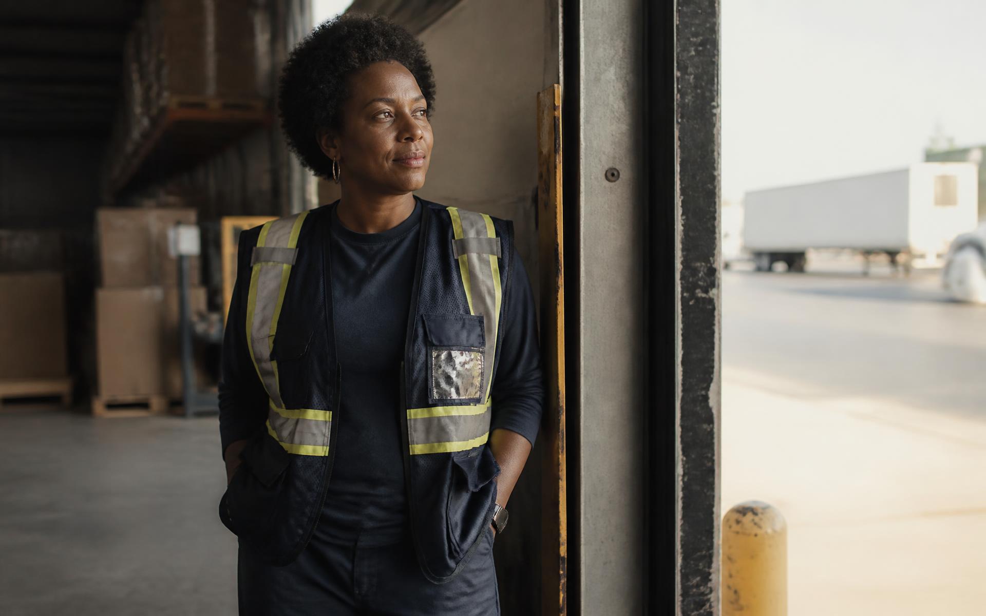 A woman in a work vest pausing alone by a loading bay doorway in morning light