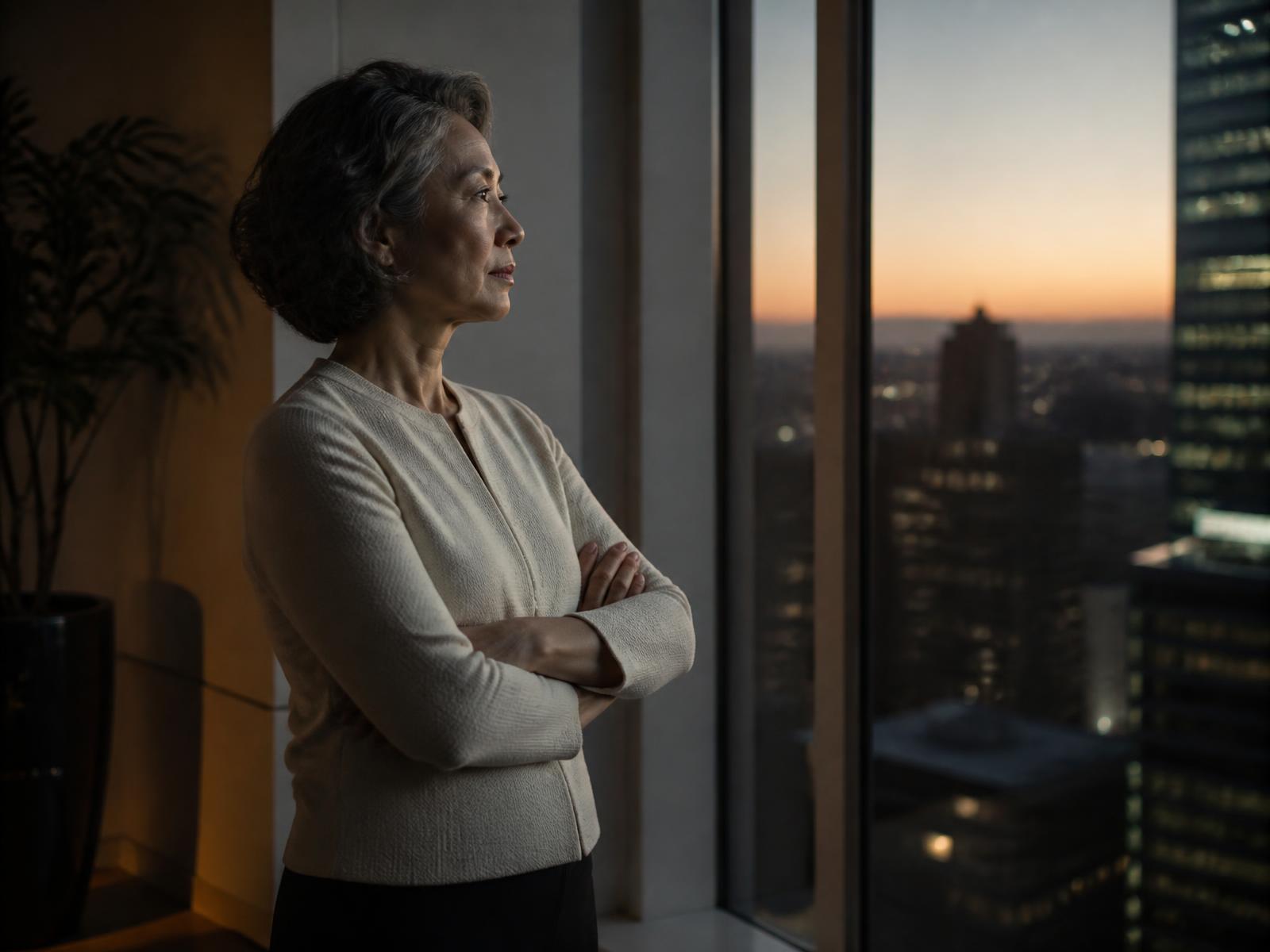 A leader standing alone at an office window at dusk