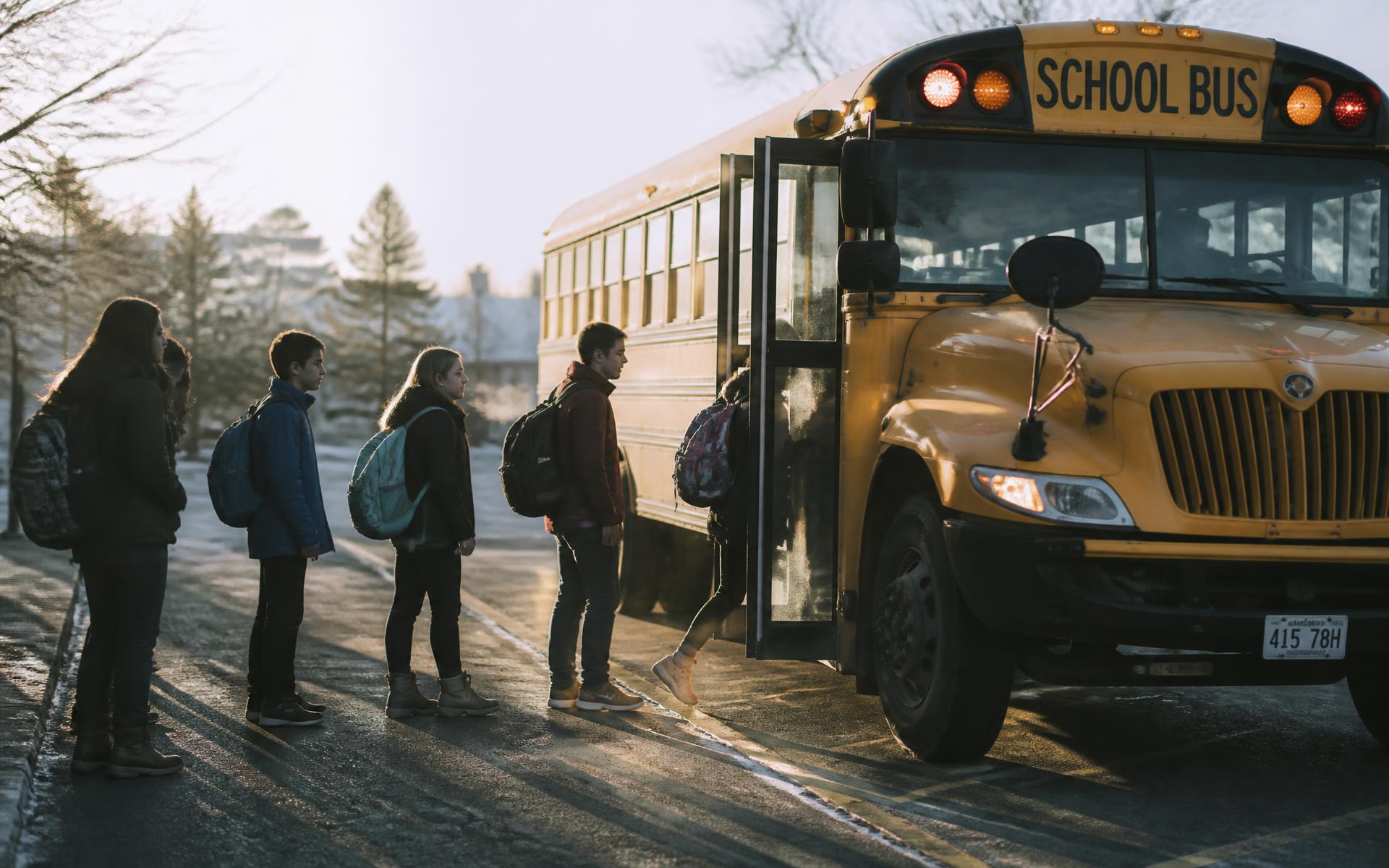 Students boarding a school bus in early morning light