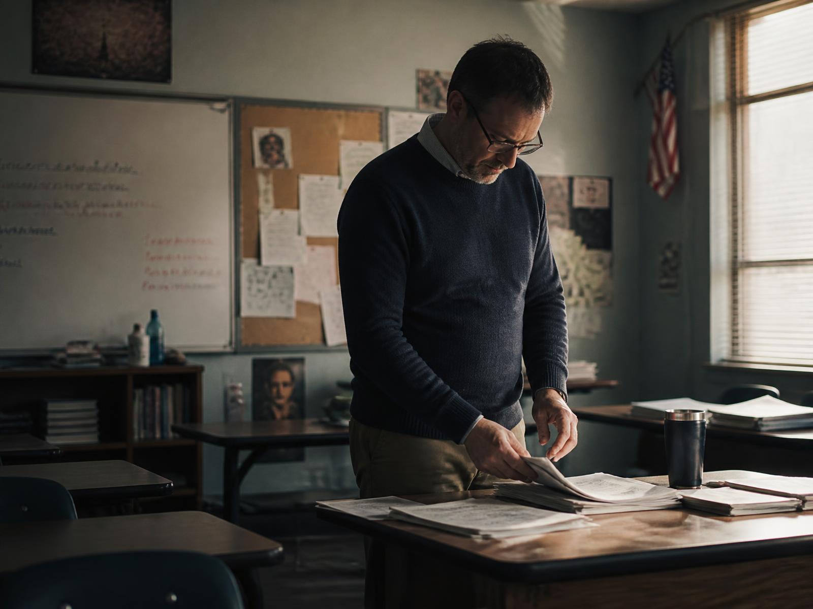 A teacher sitting alone at a classroom desk after the last period of the day