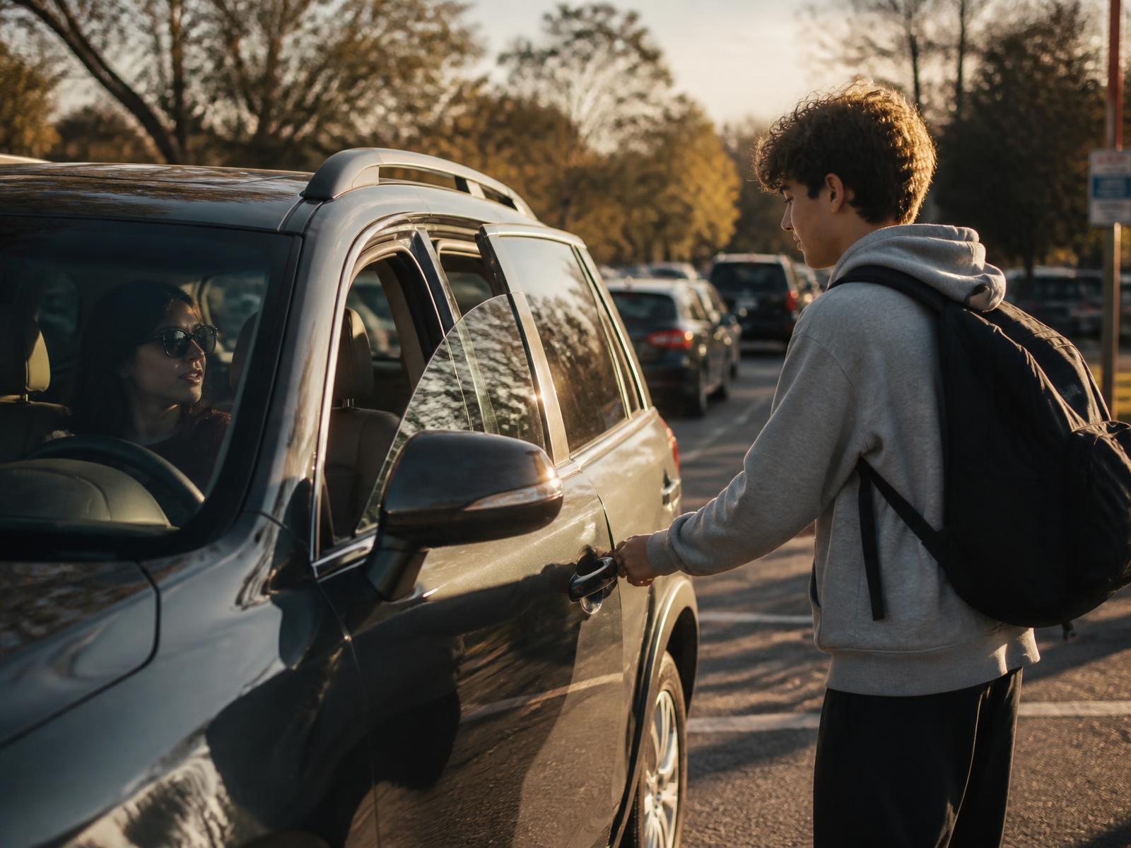 A parent waiting in a car at school pickup as a teenager opens the door