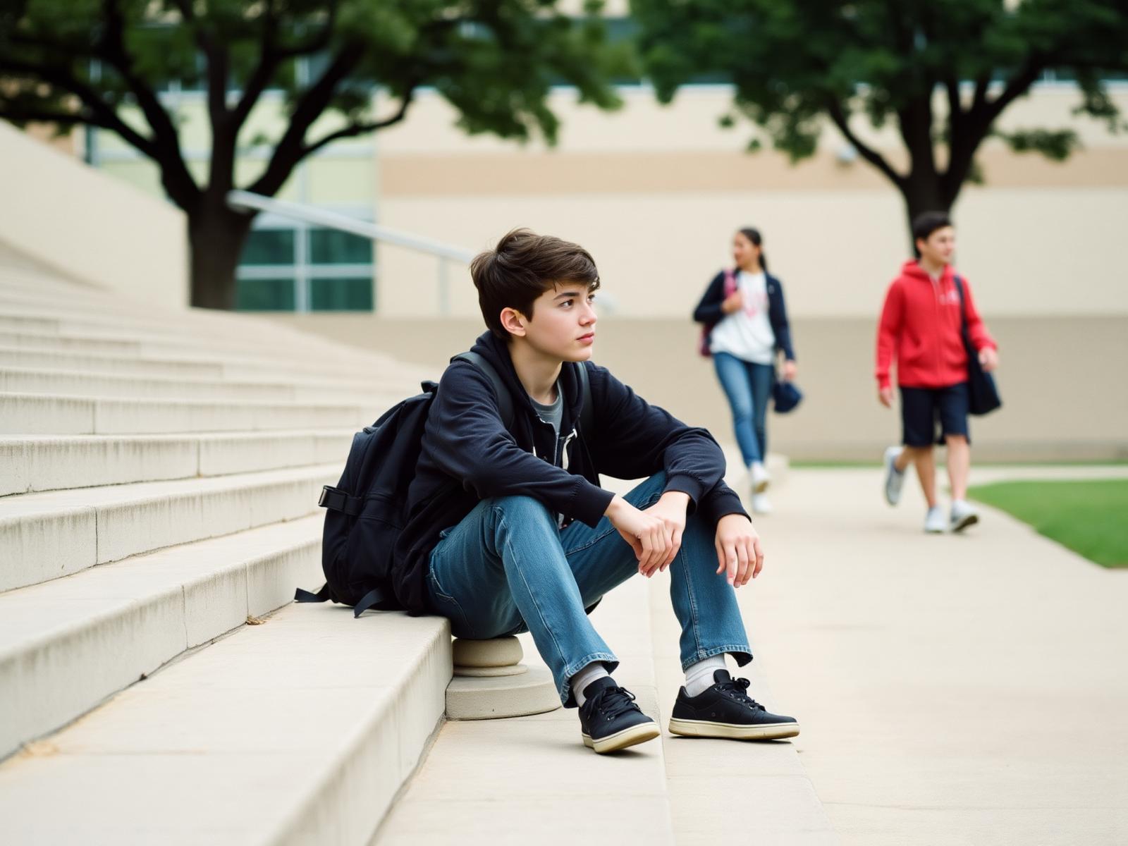 A teenage student sitting alone on outdoor school steps as others walk past