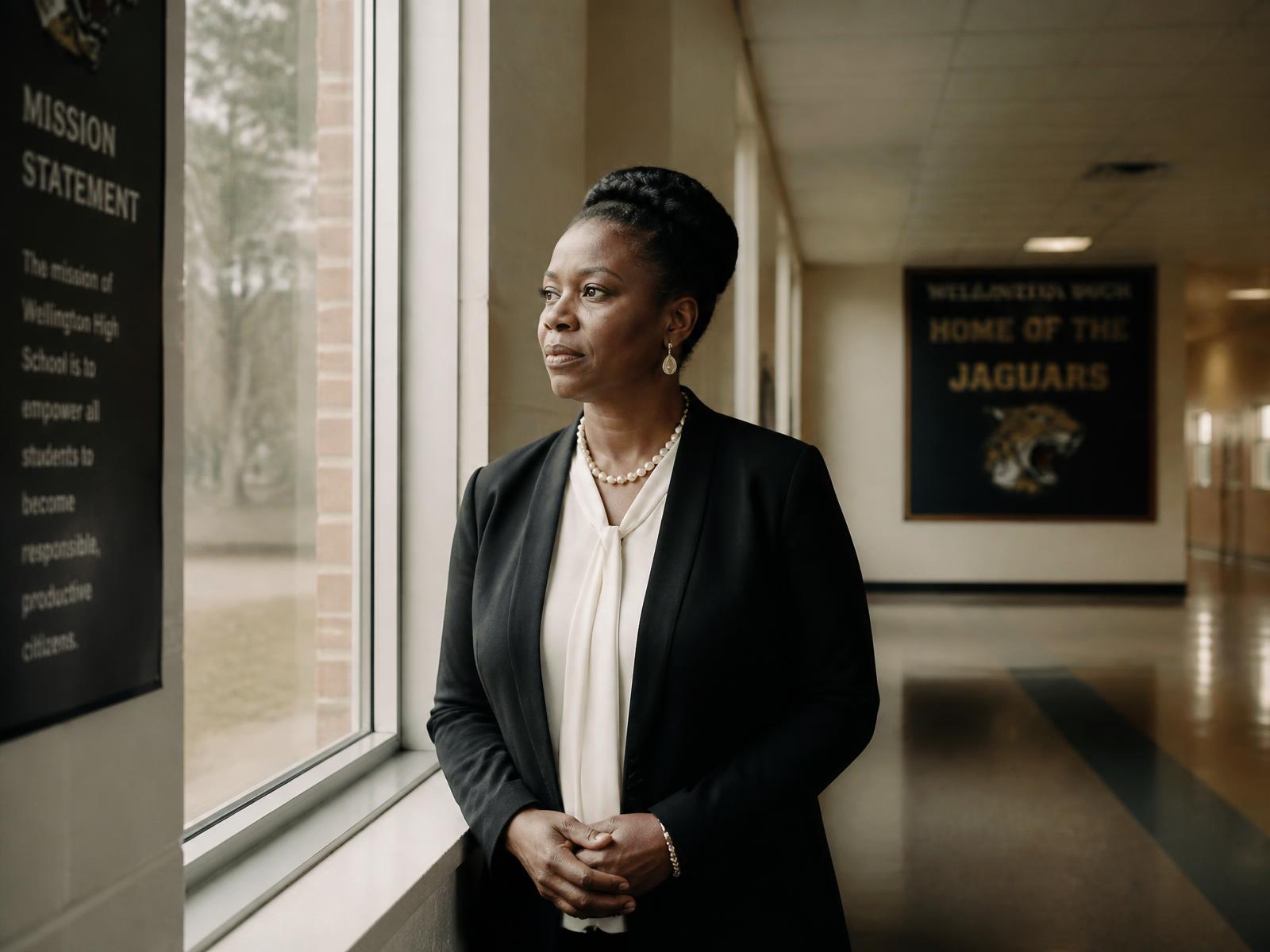 A school principal standing in a quiet corridor looking out a window in morning light
