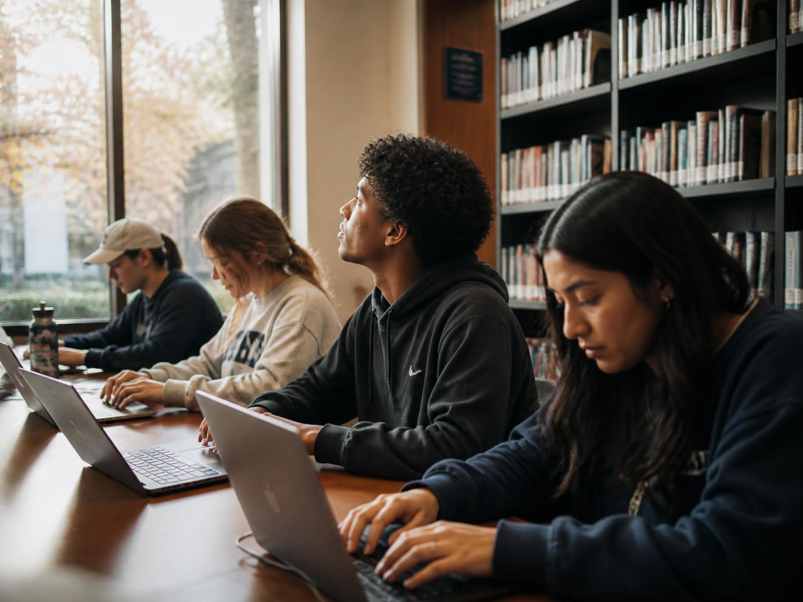 Students working on laptops in a school library, one looking up toward a window