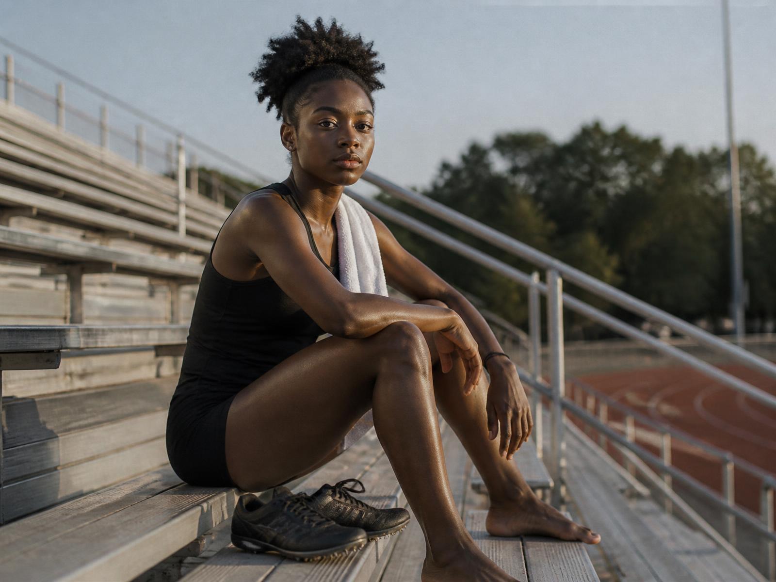 An athlete sitting alone on the bleachers after practice