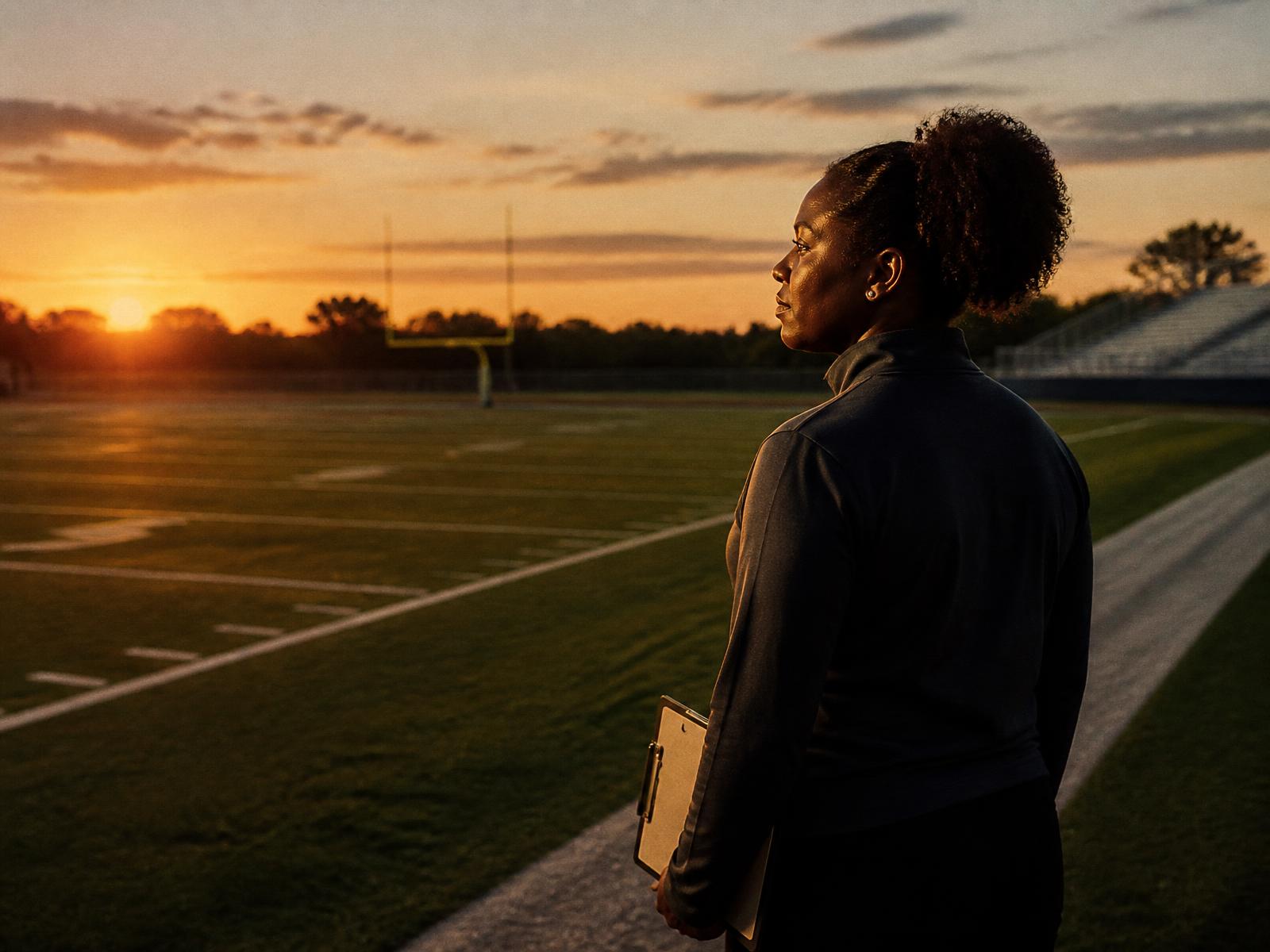 A Black female coach standing alone at the edge of an empty football field at dusk