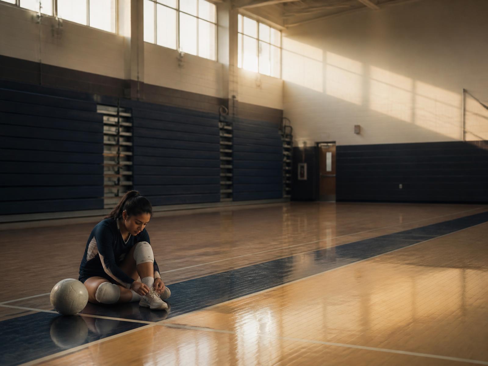 A volleyball player retying her shoe alone in an empty gym after practice