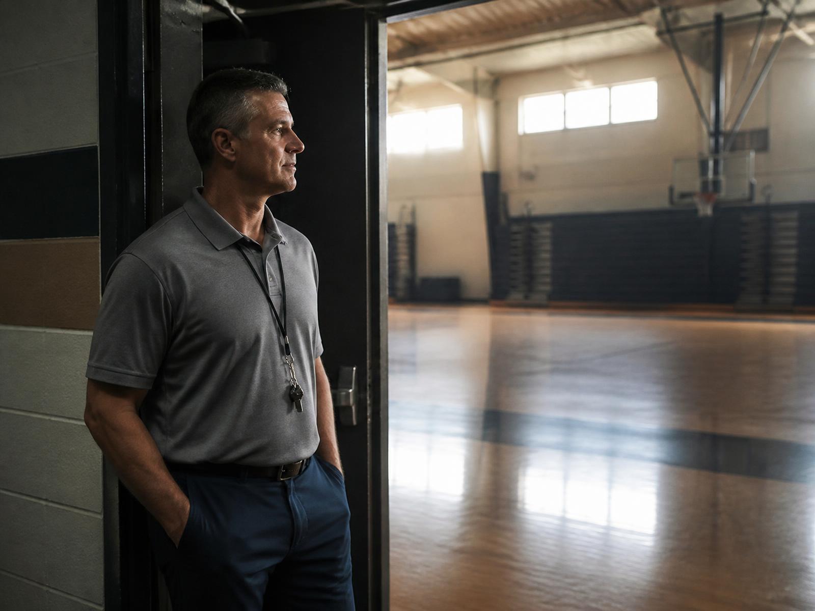 An athletic director standing in the doorway of an empty school gym
