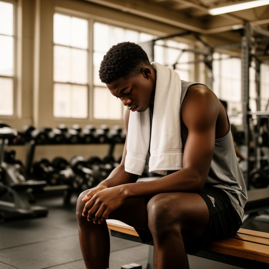 An athlete sitting alone on a bench after practice